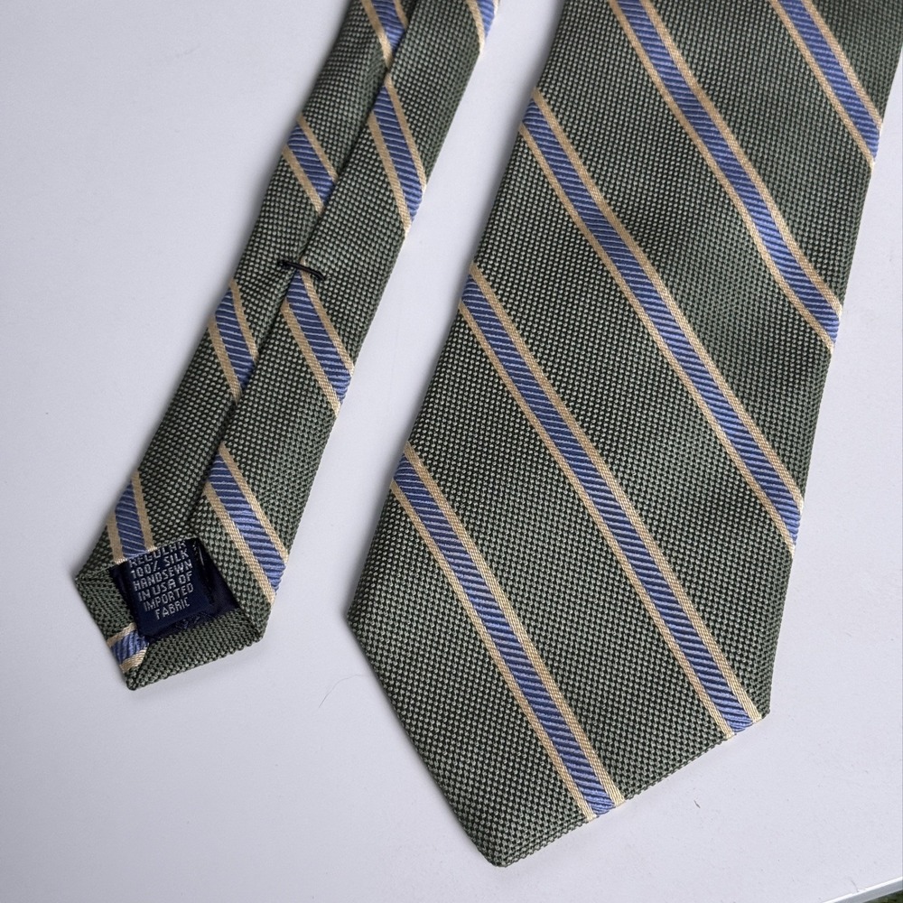 Lands' End Men’s 100% Silk Repp Tie Hand Sewn USA Striped Green, Blue & Gold